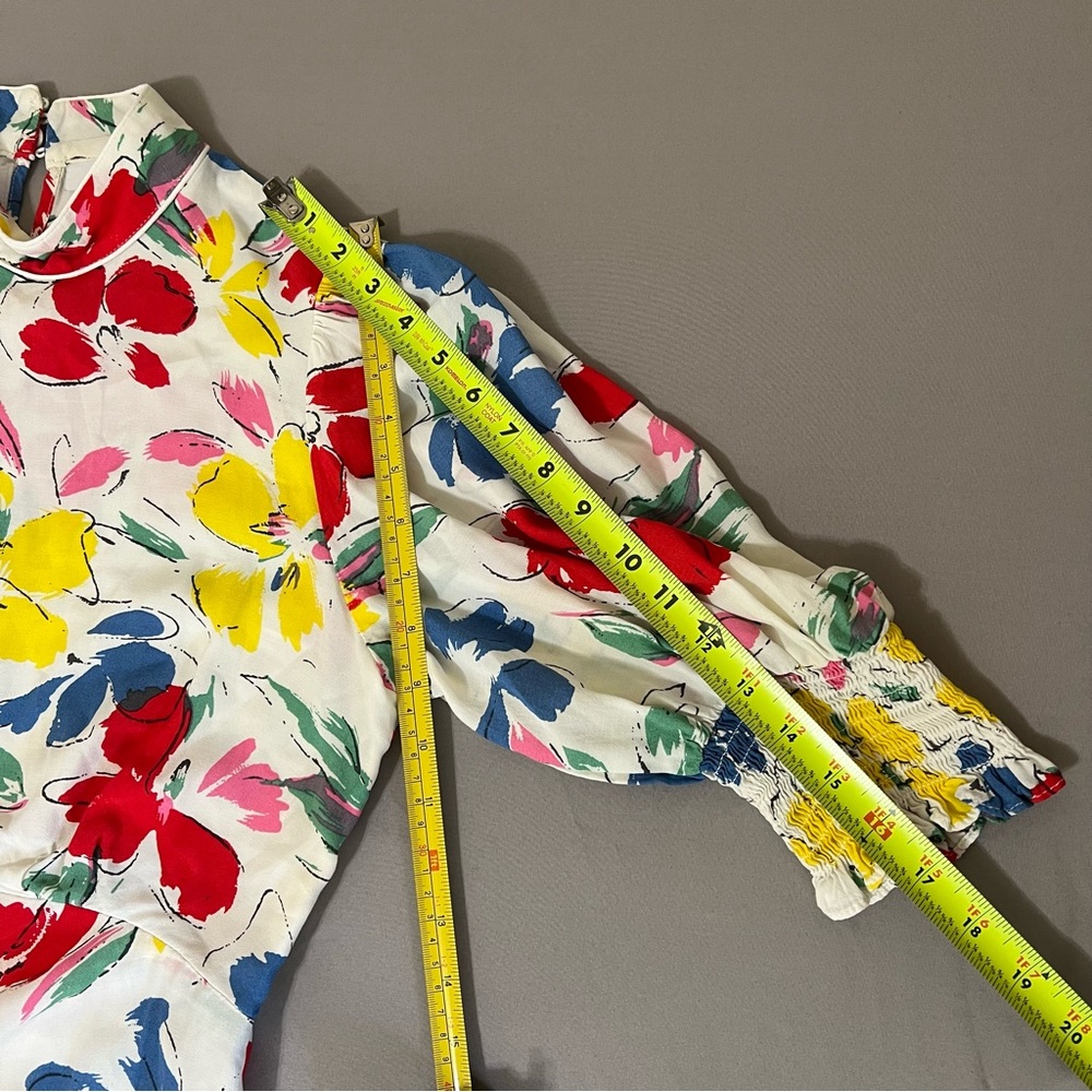 Rixo white Floral multicolored Mock Neck Cascade Ruffle Dress short sleeves sz 6 - Picture 15 of 16